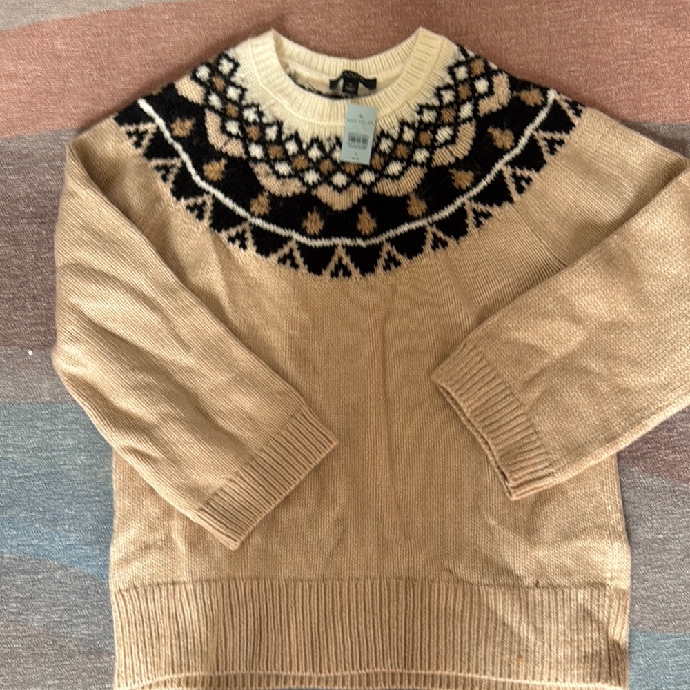 Women's Tan Sweater with Black and Cream Pattern size L petite